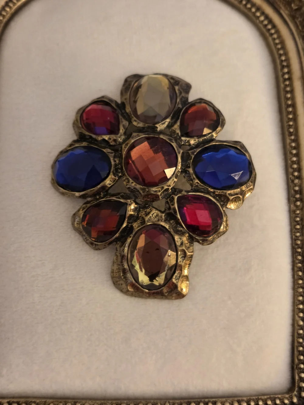 Genuine Vintage Gold-Tone Brooch/pin with Blue, Red, and Amber Glass Stone Inlay